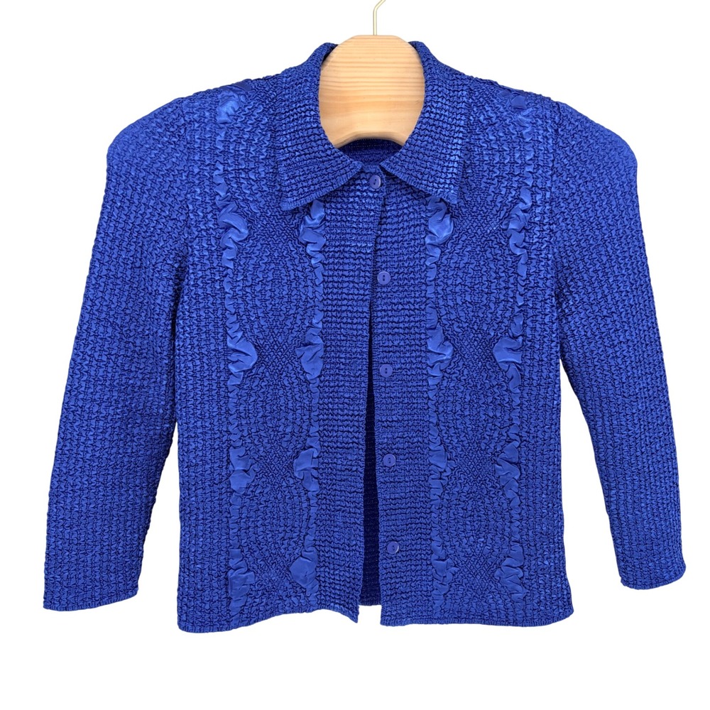 Bala Bala Button Up Shirt L Royal Blue Textured Popcorn Crinkle Ribbon Vintage